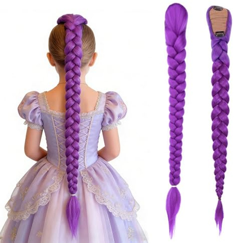 FOSDICK Perruque Violette Tressée, Perruque Femme Enfant Tresses Violette, 66 cm Extension Tresses Violet avec Clip, Perruques violett Deguisement Adulte Enfant pour Cosplay Halloween Carnaval Fête