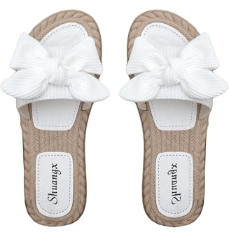 SOLY HUX Women's Bow Decor Flat Sandals Open Toe Sandals Slip on Slides | Lightweight Summer Slippers, Round Flat Sandals for Beach, Holiday, Vacation, Daily Wear