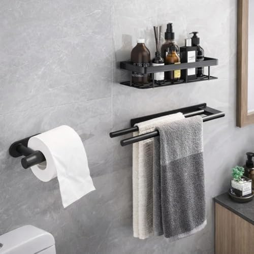 Zerion Lot d'accessoires de salle de bain en aluminium 3 pièces - Porte-papier toilette, porte-serviettes 2 barres 40 cm, étagère porte-savon - Installation avec double face sans perçage
