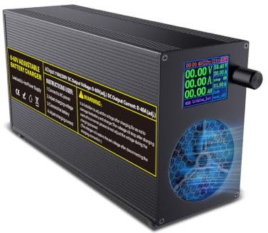 Cargador Universal Inteligente Ajustable de 60 V / 40 A para baterías de 12 V / 24 V / 36 V / 48 V LiFePO₄, Litio y Plomo-ácido, con Pantalla multifunción, Conector Anderson y Pinzas de cocodrilo