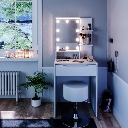 Vicco Schminktisch Ruben, Weiß, 60 cm | mit LED Beleuchtung und Hocker, Kompakt & platzsparend – ideal für kleine Zimmer