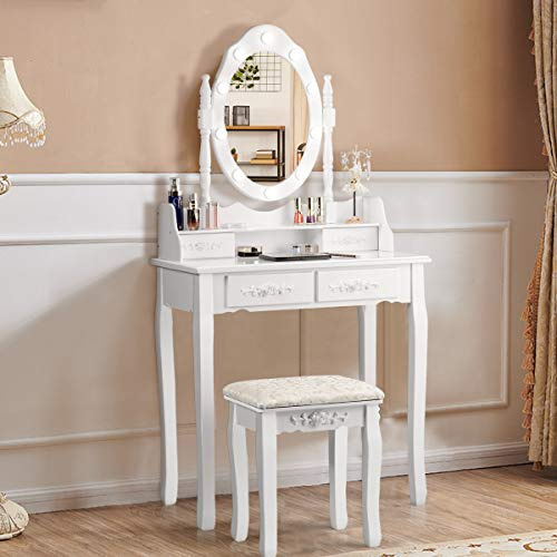 RELAX4LIFE Toeletta Trucco con Luci, Postazione Trucco con Sgabello e Specchio Girevole a 360°, Luminosità Regolabile, Tavolo da Trucco per Camera da Letto (Bianco, 75 x 40 x 146cm)