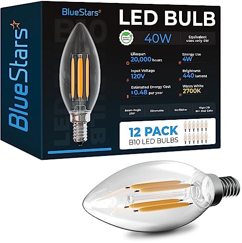 WIAONE BlueStars 12-Pack B10 E12 LED Bulbs DIMMABLE 4W 2700K Warm White Light, 40W Equivalent, E12 Candelabra Base B10/B11 Bullet Shape 440 lumens for Ceiling Fan and Chandelier, Energy Saving