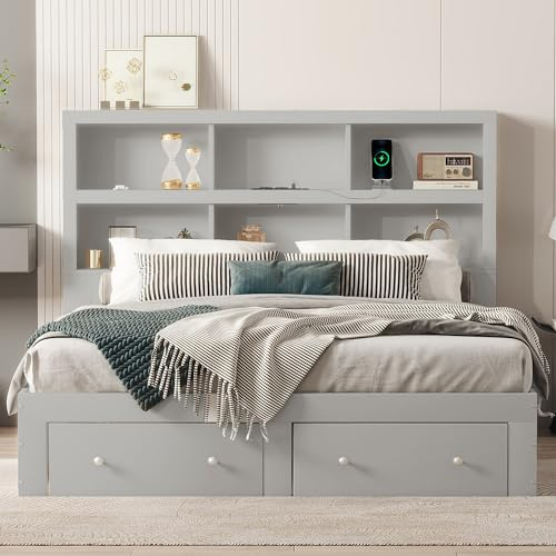 Kayan Doppelbett 200x160cm, Massivholz Betten, Kingsize-Plattformbett mit Zwei Schubladen am Fußende des Bettes, Kopfteil mit Stauraum (Grau)