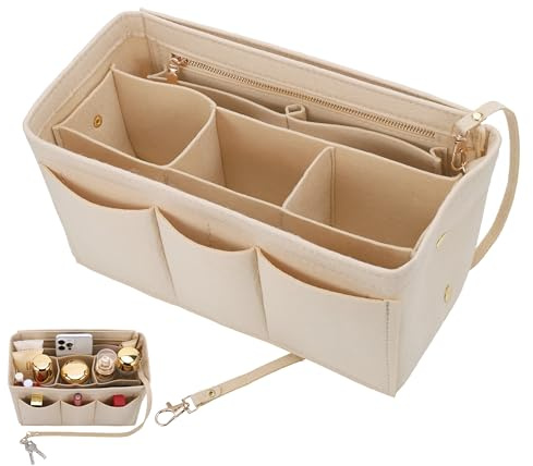 Hejo Interiör filtorganisatör, tygväska organisatör med nyckelring, med flera fack, avtagbar inre handväska organisatör (beige M)