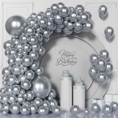 Unisun Palloncini Argento Cromato, 101 Pezzi Palloncini Argento Metallizzato Kit Arco Ghirlanda, 5/10/12/18 Pollici Palloncino Argento per Uomini Ragazzi Baby Shower Matrimonio Compleanno Decorazioni | 15/25/30/45,7 cm, in lattice spesso e resistente, per compleanni, matrimoni, lauree, anniversari, balli, Capodanno
