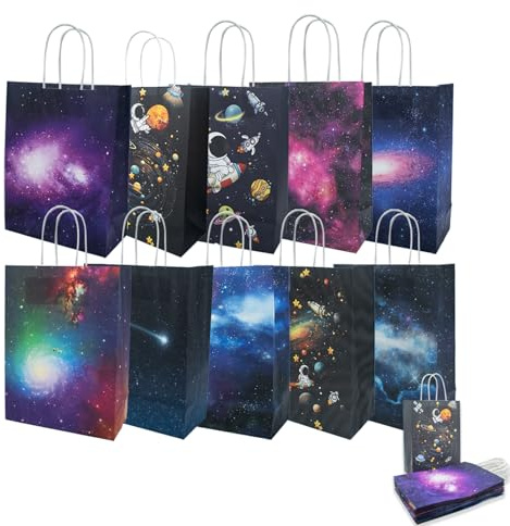 TAIXING 10 stycken tema rymd papperspåsar med handtag, stjärnklar himmel papperspåsar av kraftpapper små presentpåsar, presentpåsar barnfödelsedag för födelsedag, fest, gåva (22 x 16 x 8 cm)