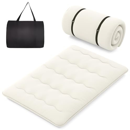 COSTWAY Japanische Futon Matratze, Tatami-Matte, Bodenmatratze, Klappmatratze mit waschbarem Bezug, Faltbare Schlafmatte mit Tragetasche, 140 x 200 cm, Beige