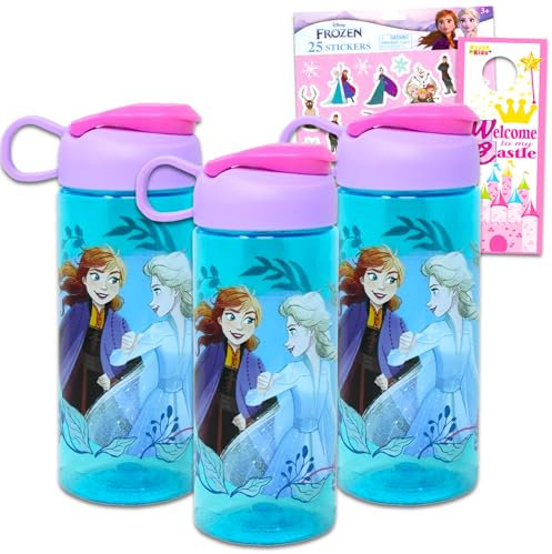 Disney Juego de botellas de agua de Frozen – El paquete incluye 3 botellas de agua Anna y Elsa más calcomanías, más | Vaso para beber suministros escolares para niños