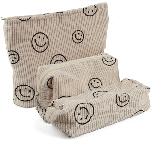 3 Stück Kulturtasche Kosmetiktasche, Smile Muster Multifunktionaler Reisen Kulturtasche für Damen Mädchen, Kordsamt-Kosmetiktasche mit Lächeln-Gesicht, Portable Aesthetic Bag Kulturbeutel (Beige)