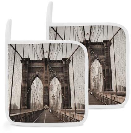 Foto von Brooklyn Bridge Topflappen, Set mit 2 hitzebeständigen, verdickten heißen Pads mit Schlaufe, wasserdicht, langlebig, Topflappen für Mikrowelle, Kochen, Backen, Ofen, Grillen, 20,3 x 20,3 cm