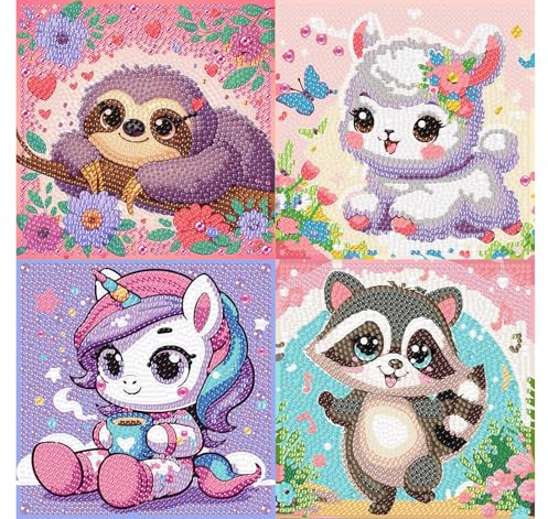 Pujeknm Set da 4 di Pittura con Diamanti 5D per Bambini Immagini di Animali Set Completo di Pittura con Diamanti Immagini di Animali per Bambini, Creazione di Mosaici Fai da Te per Ragazze e Ragazzi 6