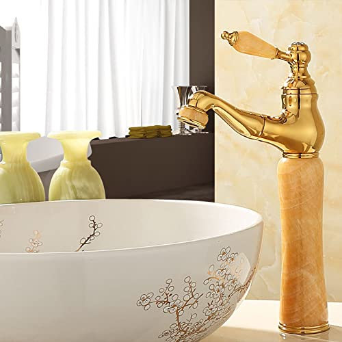 CCKUHN All Copper Gold Natural Jade Undercounter Basin Pull-Out Faucet, Universal Hot and Cold Water Faucet