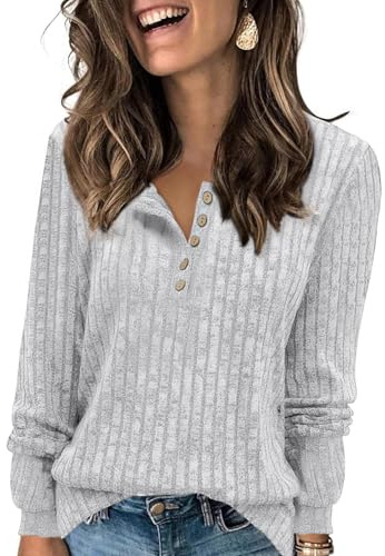 Tanmolo Damen Leichte Strickpullover Langarm Henley Shirt Herbst lässig Rundhals-Knöpfe Elegant Sweatshirt Tunika Tops Hellgrau, L