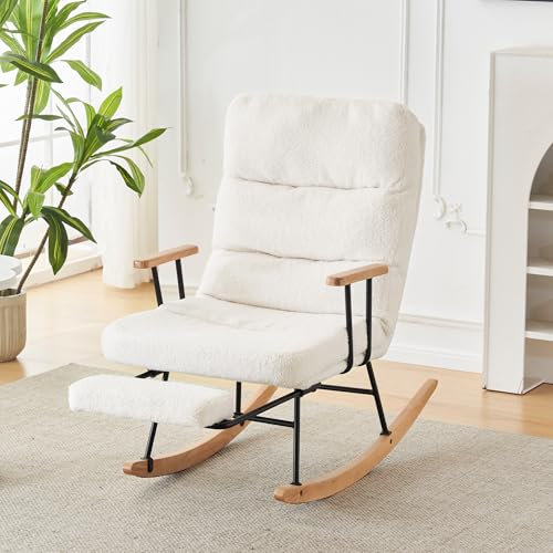 Komfortabler Schaukelsessel, 100cm hoch, 58cm Sitzbreite, mit Schwerkraftverstellung, manuellem Fußstützenmechanismus, stabiler und rutschsicherer Liegefunktion,Schaukelstuhl, Loungesessel (Weiß)