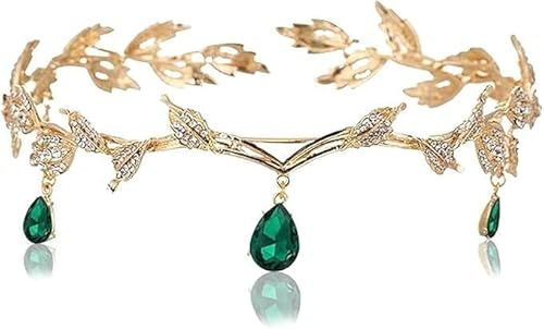 Crystal Elfenkrone, Goddess Crown mit Blättern Elfe Mittelalter Kopfschmuck | Grün Elfe Tiara, Krone Damen für Cosplay Fee Kostüm Renaissance Hochzeit Party Geburtstag