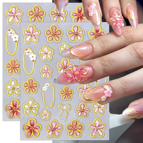 5D Geprägt Relief Schleife Nagelsticker Blumen Gelee Weich Kleber Gold Linie Schieber Rahmen Blütenblätter Blume Nagelaufkleber Frühling Sommer Ribbon Bögen Flower Nail Sticker Nageldesign Nail Art