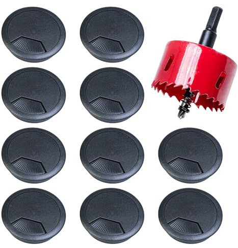 Selyse Lot de 10 Passe-Câbles de Bureau, Cache-Hole Rond pour Bureau à Domicile, Organisation Pratique des Câbles, avec Scie Cloche, Solution Idéale pour Le Bureau et la Maison (Noir)【60mm】