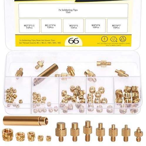 Mardatt 73 Stück Messing Gewinde Einsätze mit Heat Set Einsatz Spitzen Set, M2 M2.5 M3 M4 M5 Weiblich Gewinde metrische Knurled Muttern + Lötspitze Hardware-Muttern