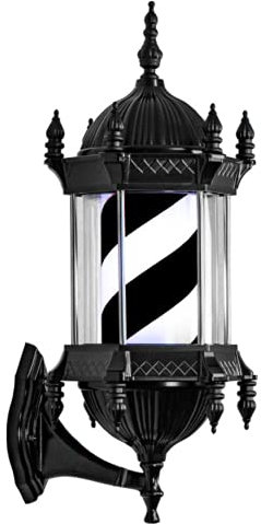 Poste de barbería LED, luz giratoria iluminada de 58 cm para peluquería, lámpara de Pared para Exteriores, Impermeable, Estilo Palacio Romano Vintage, Pantalla Negra, Rayas Dobles Rojas y Blancas