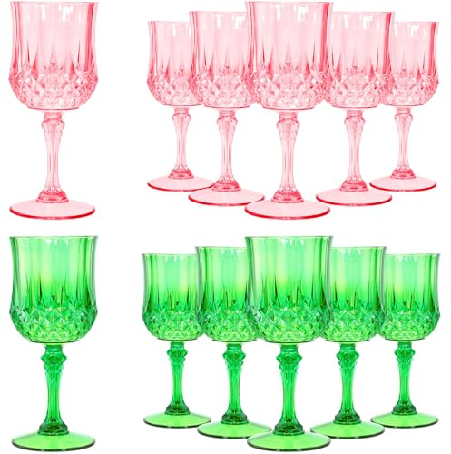 LemonRoad 12 Pcs Pink and Green Plastic Wine Glasses Vintage Plastic Goblets Drinking Glasses for Wedding Reception Halloween Bridal Showers Grand Event Party Supplies