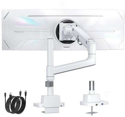 monTEK Heavy Duty Monitor Halterung mit hoher Säule & USB 17–57 Zoll | Ultrawide-Bildschirme, Gasfeder-Monitor arm mit doppelter Krümmung für Schreibtische, 75/100 mm VESA-Halterung , Schwarz