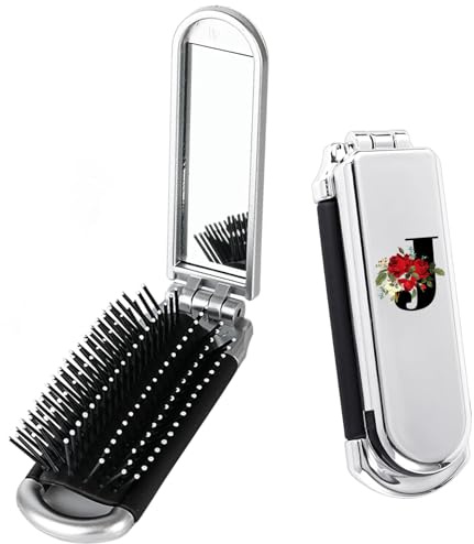 Folding Travel Hairbrush, A-Z Printed Mini Protable Folding Hair Brush with Built-in Mirror and Massage Comb for Women Girls Home Travel