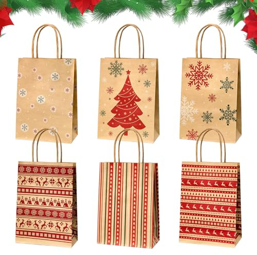 Jiaoshou Pan 24 Stück Weihnachts Geschenktüten, Papiertüten mit Griff | Weihnachtstüten, wiederverwendbare Kraftpapier Papiertüten, 6 Motive, für Geschenke und Partys (21x15x8CM)