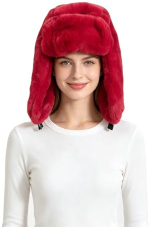 Lina & Lily Chapka Bonnets de Trappeur Femme Homme Hiver en Fausse Fourrure (Rouge Foncé)