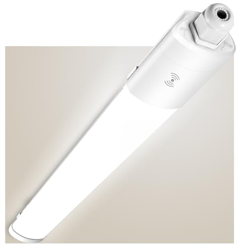 SNADER Deckenlampe mit Bewegungsmelder, 48W 5280LM 4000K Verknüpfbare LED Feuchtraumleuchte 150cm, Ultraslim Deckenleuchte Feuchtraum Wannenleuchte, IP65 Wasserfest Werkstattlampe für Garage Keller