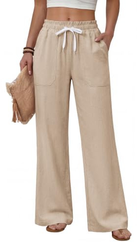 Fashora Pantaloni Donna Estivi Pantaloni Larghi Leggeri Pantaloni Elastico in Vita Pantaloni Gamba Dritta Pantaloni Casual Comodo Palazzo con Tasche (Kaki Chiaro, L)