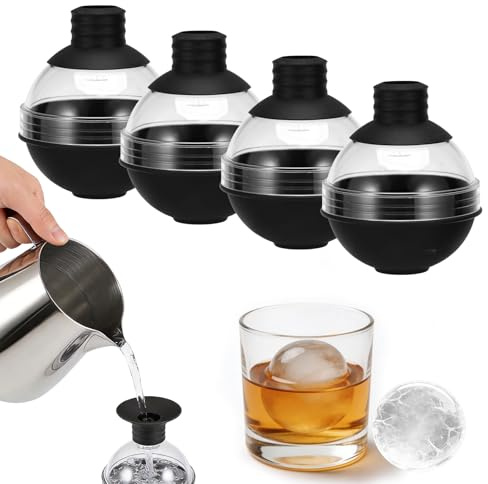 TayBong Silikon Eiswürfelform, 4 Stück wiederverwendbar runde Eiswürfelform | Einfach-Füllbare Große Eiswürfelform, Langsames Schmelzen & Lebensmittelechte Eiswürfel Rund für Whisky, Cocktails & Wein
