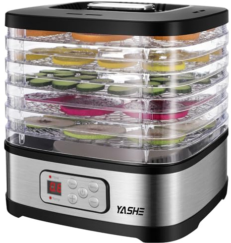 YASHE Essiccatore Alimentare LED, 35–70 °C Regolabile & Timer 72H, 5 Vassoi Impilabili Senza BPA, Circolazione 360° Aria, Essiccatore Frutta e Verdura, 240W | Indicatore LED, circolazione dell'aria a 360°, camera di essiccazione variabile, senza BPA, lavabile in lavastoviglie