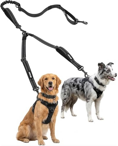 OneTigris Hundeleine, Doppelleine für 2 Hunde mit 4 Komfortabler Griff | Keine Verwicklung, Elastische Dämpfung, Längenverstellbar, Reflektierenden, Flugaluminium-Verschlüsse, Vielseitige Anwendung
