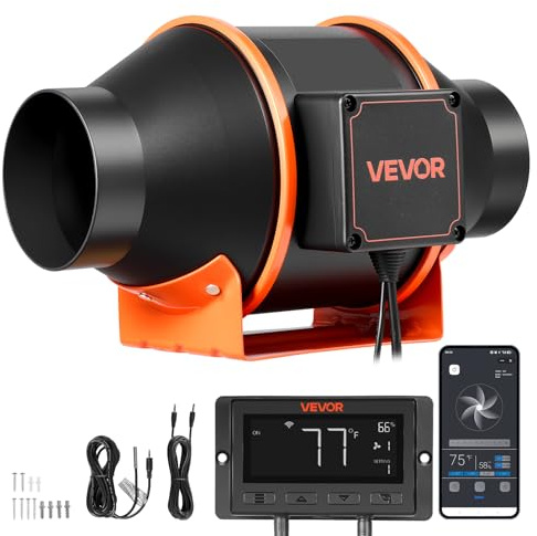VEVOR Ventilador de Conducto en Línea 3000 RPM, Extractor de Ruido Reducido con Motor EC, 349 m³/h, 10 Velocidades, Sensor de Temperatura y Humedad, Controlador PWM y App, para Armarios de Cultivo