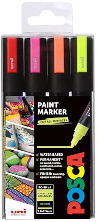 Posca Pens PC-5M Medium Acrylic Coloured Permanent Paint Markers for Adults. Perfect for Colouring, Fabric, Graffiti, Watercolour, Outline Drawing, Window and Glass Art. 4 Pack