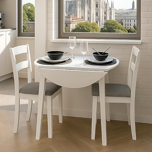 Homely - Conjunto de Comedor Dallas White | Mesa de Cocina Redonda Extensible de 90 cm (17,5/55 / 17,5) cm. | Mesa con 2 alas abatibles | 2 sillas de Cocina/Comedor de Madera Lacado en Blanco