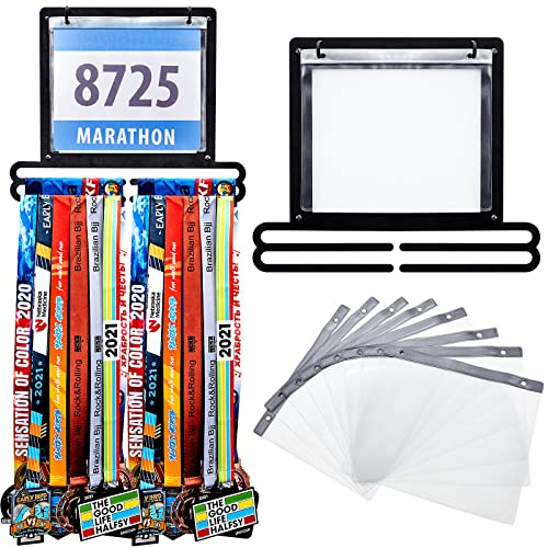 Moxweyeni Race Medal and Bib Display Medal Hanger Running Bib Holder Wall Mounted Hanging Rack Stands Gifts for Runners(Black,13.78 x 11.22 Inch,Classic)