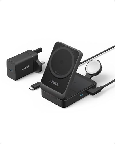 Anker MagGo 3-in-1 Wireless Charging Station, MagSafe-Compatible Qi2 Certified 15W Wireless Stand with Apple Watch and AirPods Support, For iPhone 17/16/15 Series and More (40W USB C Charger Included)
