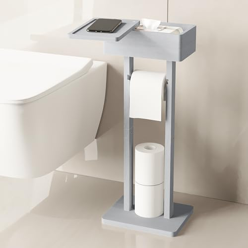 Wealone 4-in-1 Hellgrau Freistehender Toilettenpapierhalter mit Oberem Ablagefach, Bambus Klopapierhalter Stehend, Toilettenpapierhalter mit Feuchttücherbox, Vorübergehende Desktop für Badezimmer
