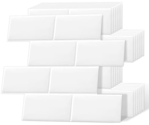 DEWOO Klebefliesen Wandfliesen Klebe Metro Fliesen Selbstklebend Imitation Ziegel Bad Küche Peel Stick Wall Tiles Rein Weiß 10-Stück, (32 x 27cm)