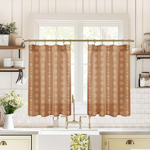 Lino Rosa Boho Farmhouse Kitchen Curtain,Rustic Style Terracotta Western Curtains for Bedroom Living Room,Sets of 2 Panels,36 Inch Length,Rust Colored