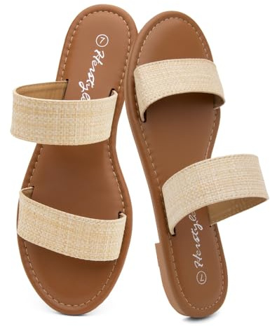 Herstyle Flat Sandals for Women, Double Strap Slide Sandals, Open Toe Slip On, Comfortable Cushioned Footbed Casual Summer Shoes for Daily Wear, Beach, Vacation, Clear Options, Natural,Size 8.5,Miraa
