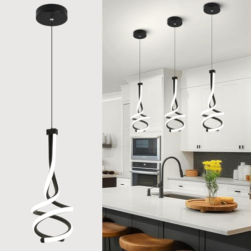 EIDISUNY Modern Pendant Light, Spiral LED Pendant Light Fixture, 4500K LED Hanging Lamp, Black Chandelier Lights Fixture, 20W Adjustable for Kitchen Island, Dining Room, Bedroom,1 Pack