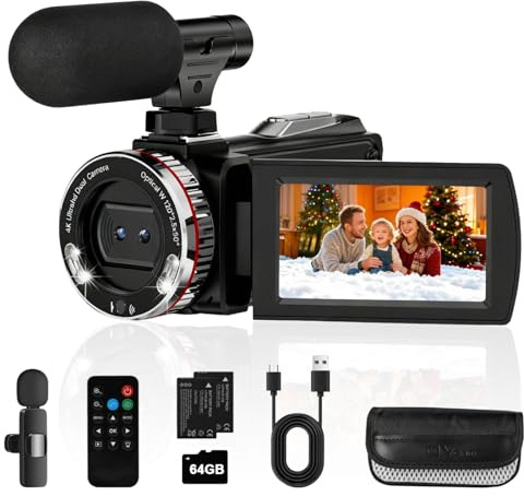 LZHIOs 4K Camcorder Video Camera for YouTube, 64MP Vlogging Camera with 21X Digital Zoom, 3.0'' Rotatable Screen, LED Fill Light, External Microphone, Remote, 2 Batteries, 64GB Card