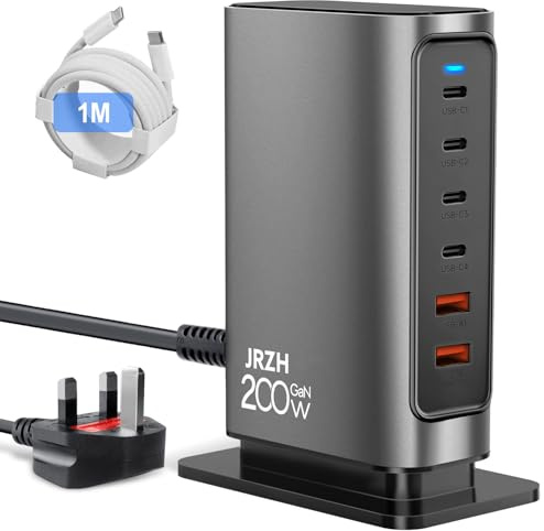 USB C Charger 200W 6 Port GaN Charger Station with PD20W 100W Multi Charging Plug UK Desktop Charging Block Compatible with iPhone Series, Galaxy Series, MacBook Air, Dell XPS, iPad Mini