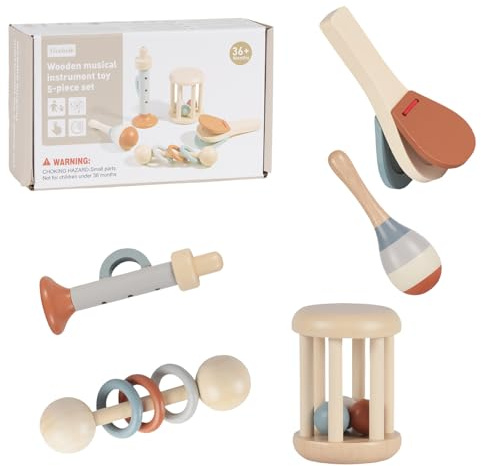 5pcs Montessori Holz Baby Rassel - Musik Holz Spielzeug, Montessori Sensorik Spielzeug, musikinstrumente Geschenk für Jungen und Mädchen, Geburtstagsgeschenk für Kinder und Toddler (Farbe 3)