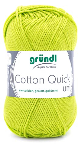 Gründl Wolle Cotton Quick uni - dünne Wolle zum Häkeln - Strickgarn - Häkelgarn - Glänzend und hautfreundlich - 100% Baumwolle - 1 Knäuel 50 g / 125 m - Nadelstärke 3-4 - Hellgrün