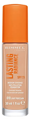 Rimmel Lasting Radiance Medium Coverage Anti Pollution Foundation, SPF 25, 010 Light Porcelain (Rimmel Wake Me Up Foundation Upgrade)