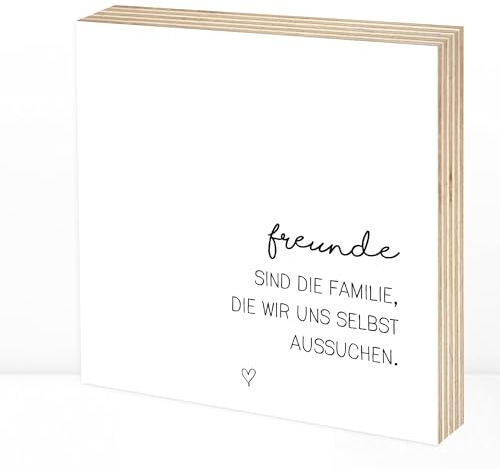 Wunderpixel® Holzbild Freunde sind Familie - 15x15x2cm zum Hinstellen/Aufhängen, echter Fotodruck mit Spruch auf Holz - schwarz-weißes Wand-Bild Aufsteller Zuhause Büro als Geschenk-Idee